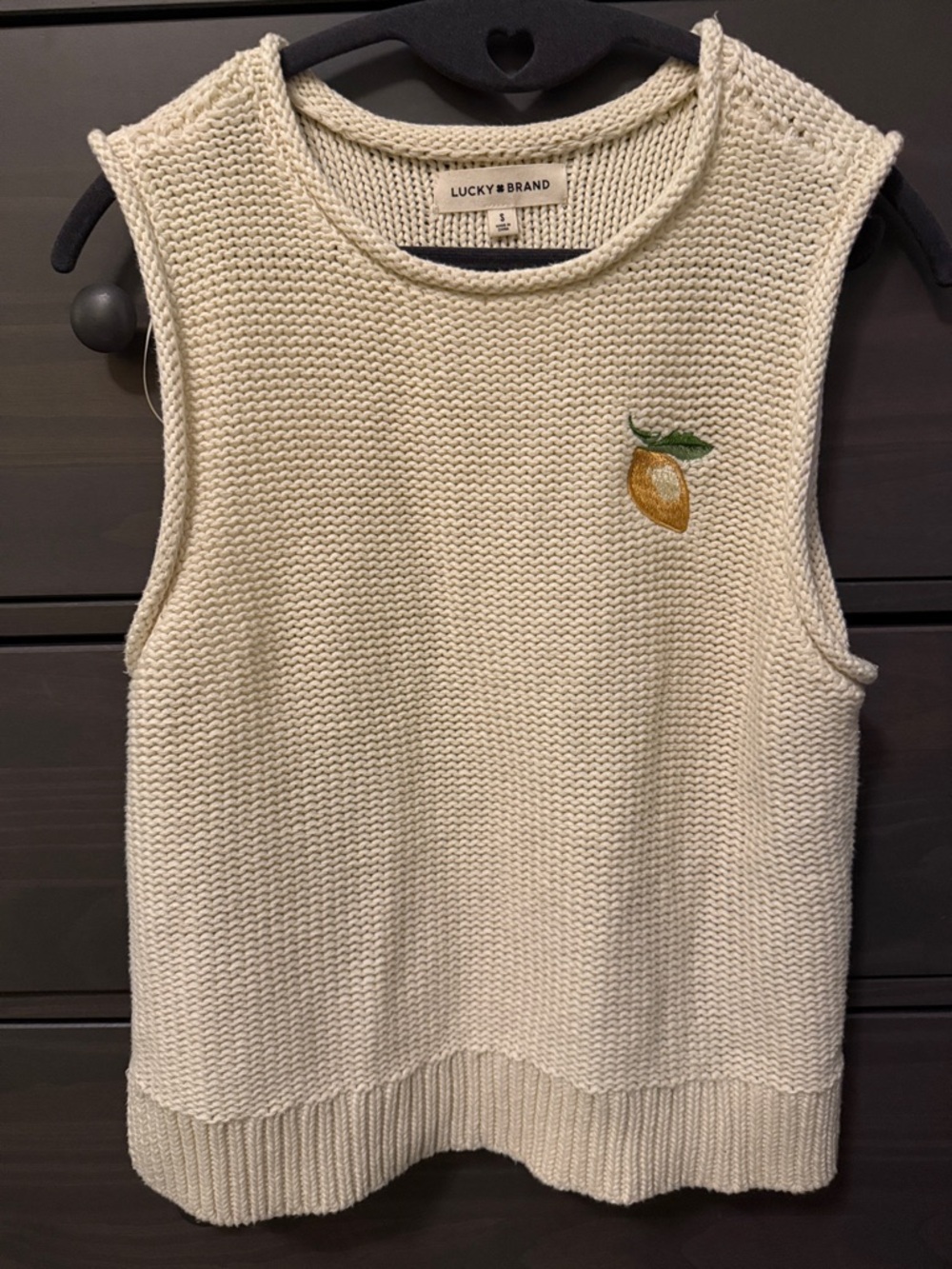 Lucky Brand Cream Knit Sleeveless Top with Lemon Embroidery